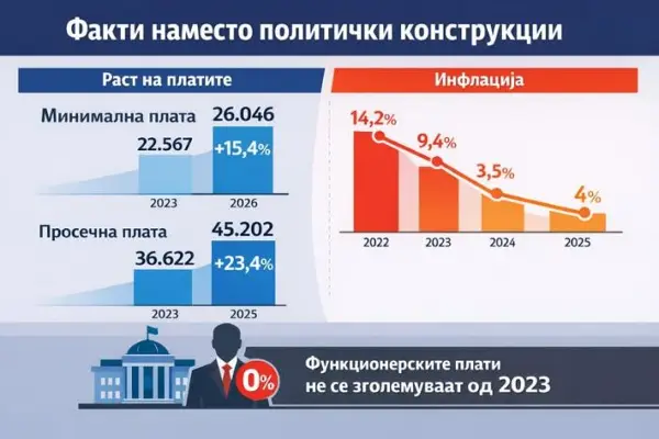 ПЕТРУШЕВСКИ: За помалку од две години, минималната плата порасна 15,4%, просечната 23,4%, инфлацијата од 14,2 спадна на 3,5-4 отсто…