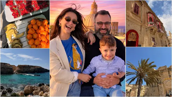 Медитеранска идила: Актерката со семеен портрет на розово зајдисонце во Малта и тиркизно море на хоризонтот