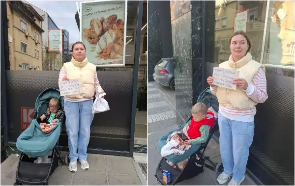 Мајка со мало дете од Украина стои со часови пред маркет во Скопје – потребна е поддршка од хуманите граѓани