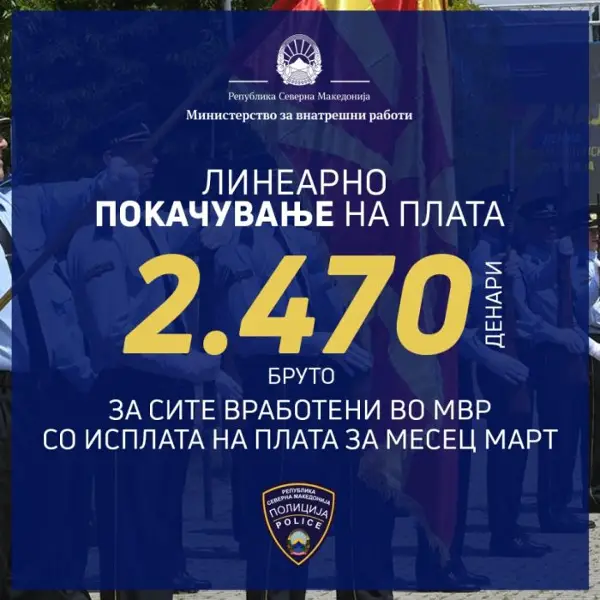 МВР: Линеарно се зголемени платите за сите вработени во бруто износ од 2.470 денари и тоа почнувајќи со исплата на платата за март