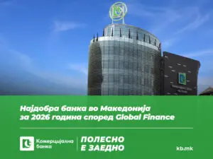 Комерцијална банка e прогласена за „Најдобра банка во Македонија за 2026“ од магазинот Global Finance по 15-ти јубилеен пат
