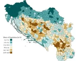 Мапа на Југославија од 1961 година открива каде живееле писмените, а каде неписмените луѓе на овие простори