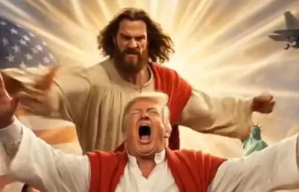 (Видео) Иран објави видео од вештачката интелигенција на кое Исус го удира Трамп