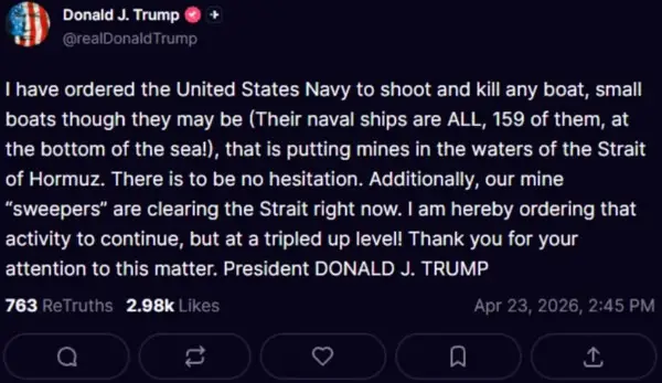 Трамп: Издадов наредба да се пука и уништи секој брод што поставува мини во Ормутскиот теснец