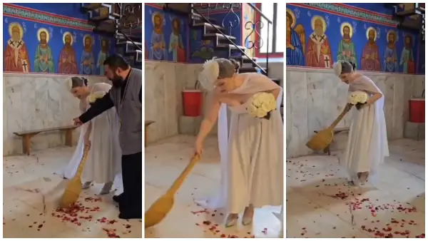 „Кога ќе пројде романтиката, доаѓа метлата“ – Хит- видео од невеста која во венчаница мете црква, откако расфрлале ливчиња од рози