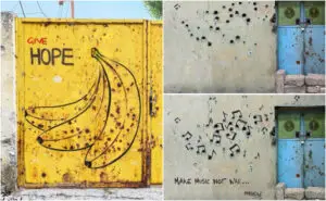 ФОТО | Од куршуми до уметност – уметник ги претвора оштетените ѕидови во симболи на надеж