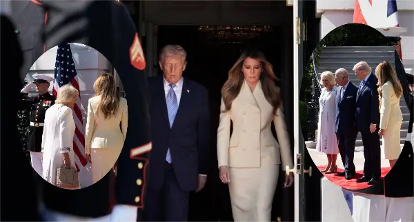 Mеланија Трамп ги дочека кралот и кралицата во прескапи и превисоки штикли со дезен од питон: Камила не знаеше каде да гледа (ФОТО)