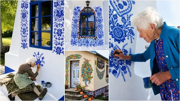 90-годишна баба од Чешка го претворила малото село во своја уметничка галерија рачно сликајќи цвеќиња на куќите