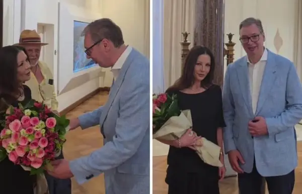 Кетрин Зета Џонс на гости кај Вучиќ- ѝ подари цвеќе и позираше со неа (ВИДЕО)