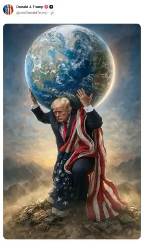 Трамп илустрација на која тој, облечен во американско знаме, ја носи Земјата на грб
