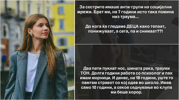 „Два пати пукнат нос, шината рака, трауми, работа со психолог - секое седнување во клупа ми беше хорор“: Кики Мукаетова искрено за врсничкото насилство што ѝ го променило детството
