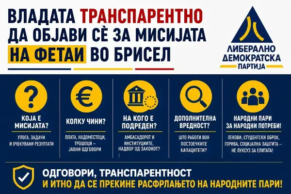 ЛДП бара од Владата транспарентно да објави сѐ за мисијата на Фетаи во Брисел