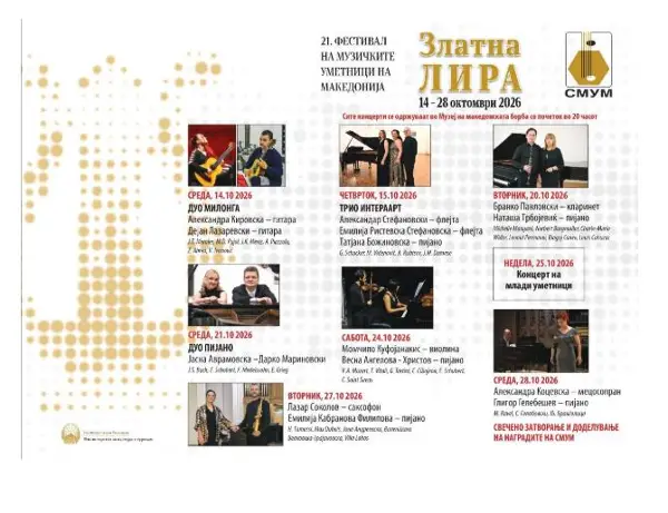 Златна лира 2026-Сабота, 24 октомври, 20 часот, Музеј на македонската борба