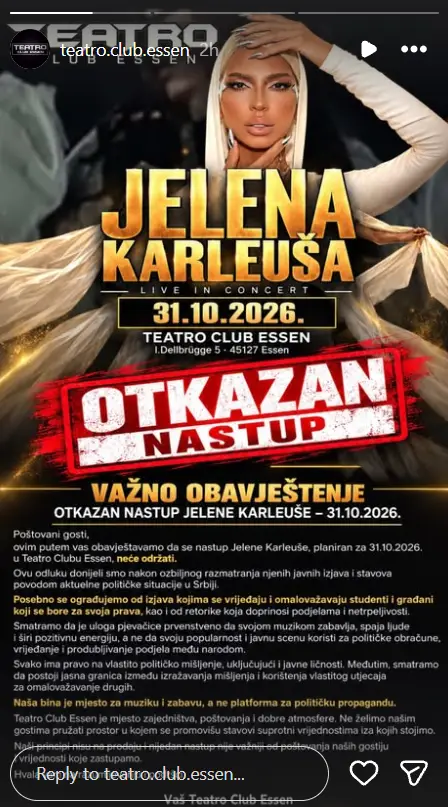 Клуб во Германија го откажа настапот на Јелена Карлеуша поради нејзините изјави за изборите