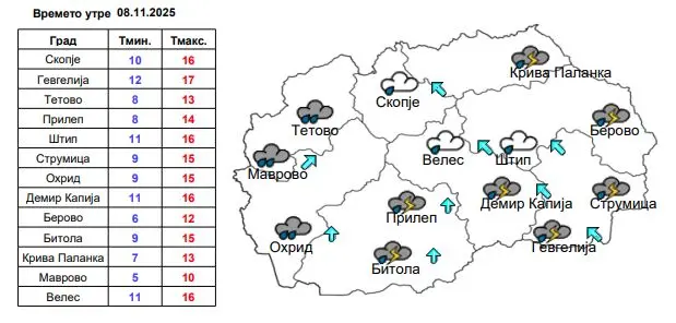 Променливо облачно со повремен дожд, температура до 17 степени