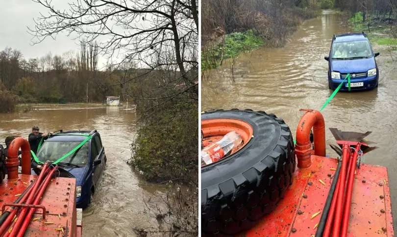 ДВАЈЦА СО ВОЗИЛО ЗАГЛАВИЛЕ ВО ИЗЛЕАНИТЕ ВОДИ НА ПЧИЊА Пожарникарите од општината ги извлекле