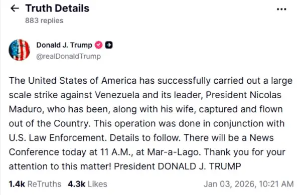 Трамп објави дека Мадуро бил заробен и однесен од Венецуела