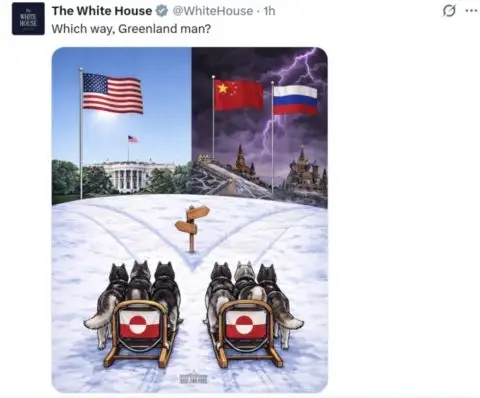 Белата куќа објави слика со кучиња со санки на крстопат за време на средбата за Гренланд