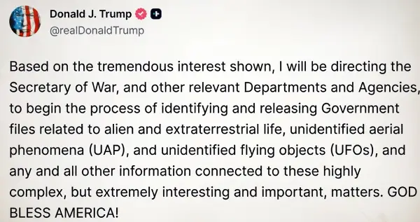 Трамп му нареди на Пентагон да ги објави сите документи за НЛО и вонземјани
