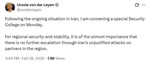 Фон дер Лајен поради ситуацијата во Иран за понеделник свика состанок за безбедност